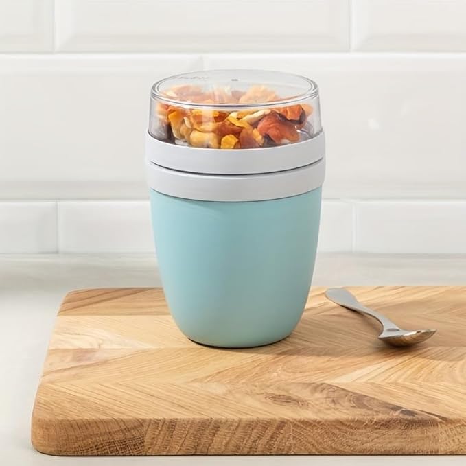 Soko 2-Tier Lunch Pot, Oats-Yogurt Overnight Container with Lids, Portable Breakfast On The Go Cup/Jar, Airtight Storage Bowl, Kitchen Healthy Eating Food for Salad, Cereal, Fruit, Milk - Aqua Blue