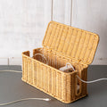 Soko Woven Faux Rattan Cable Management Box| Cord Hider with Lid, 2 Open Slots Surge Protector | Power Strips, Router, TV, Gadget Wires Organizer Tray for Desktop, Table-Home, Office (Large) Natural
