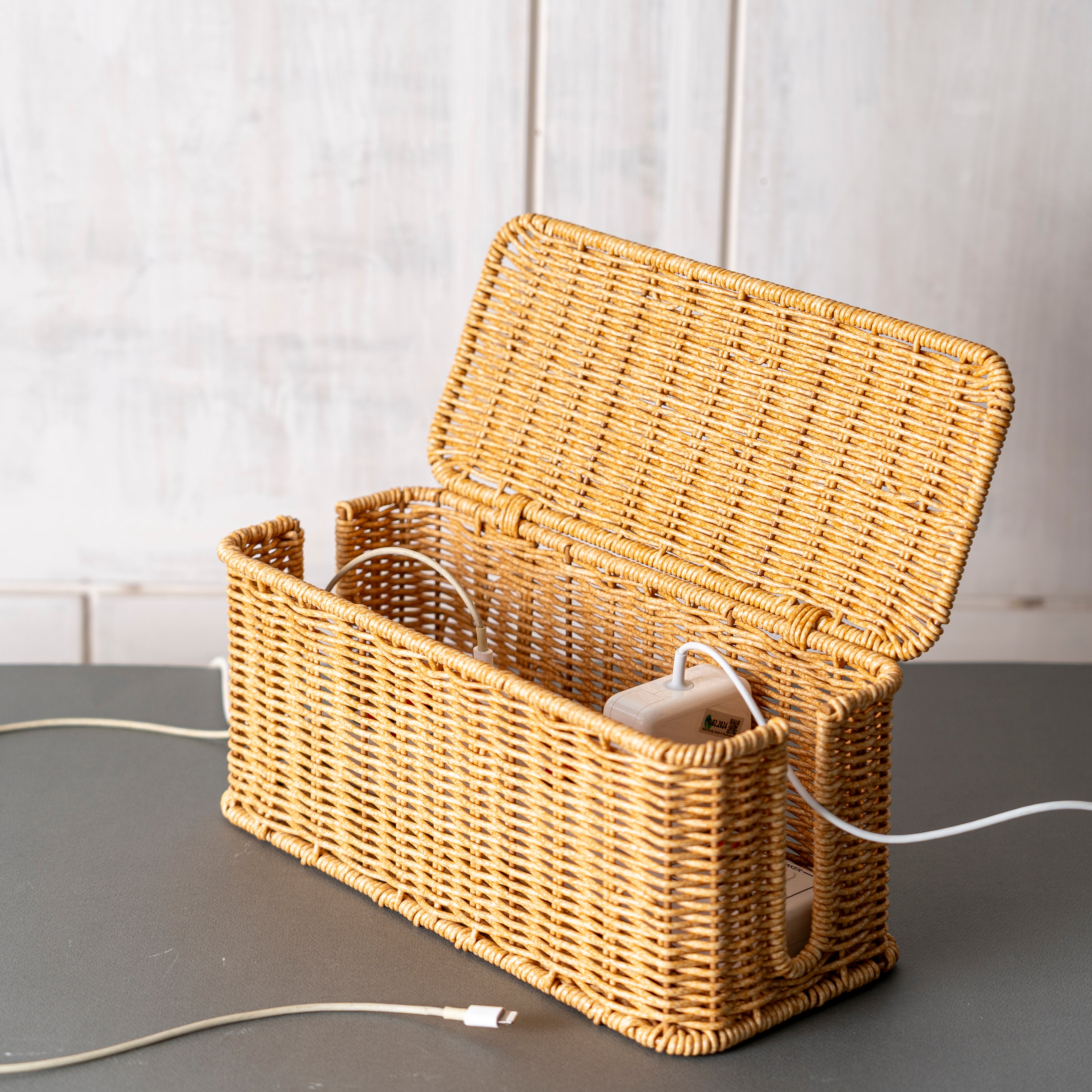Soko Woven Faux Rattan Cable Management Box| Cord Hider with Lid, 2 Open Slots Surge Protector | Power Strips, Router, TV, Gadget Wires Organizer Tray for Desktop, Table-Home, Office (Large) Natural